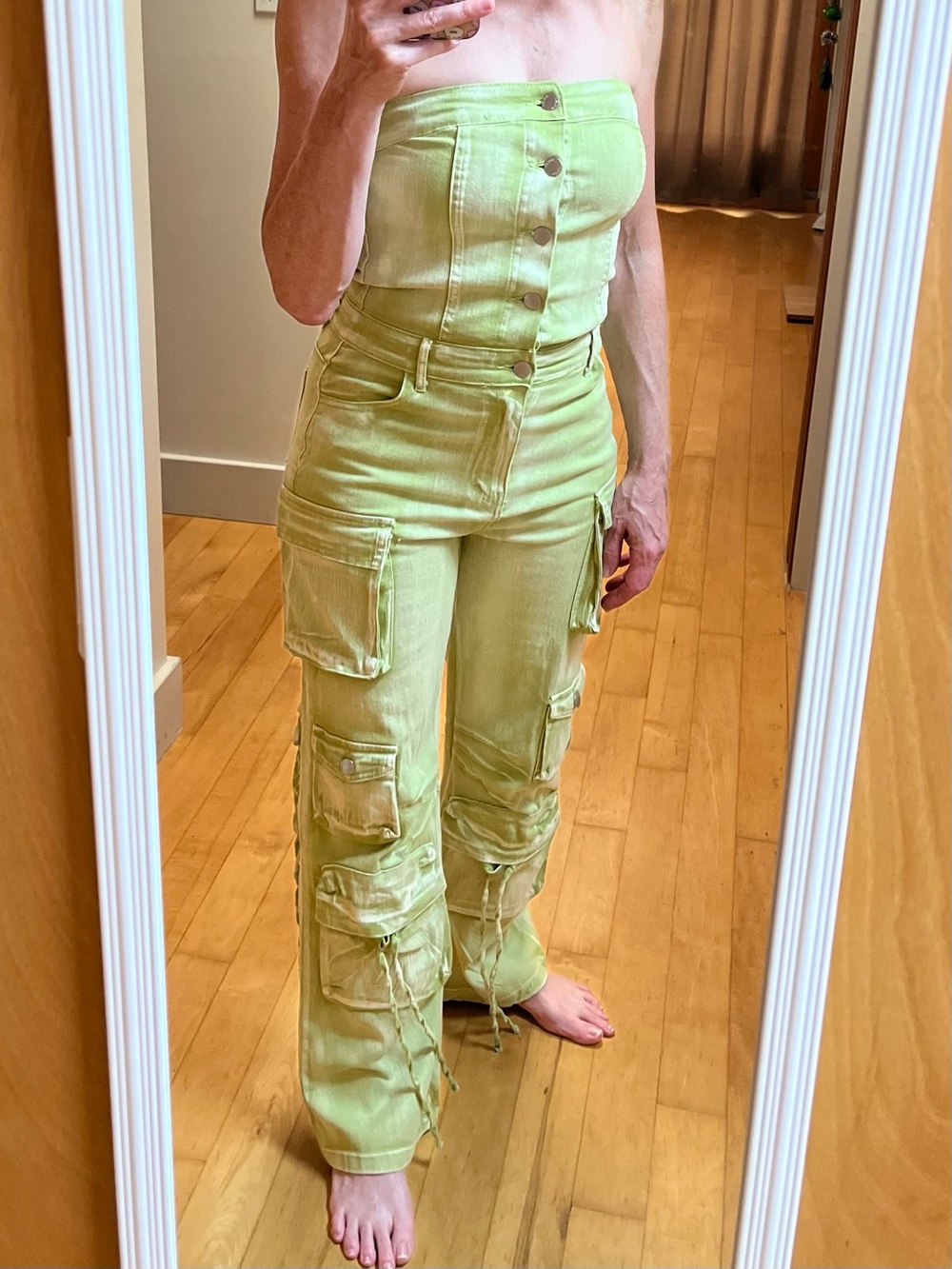 Sage Denim Strapless Cargo Jumpsuit